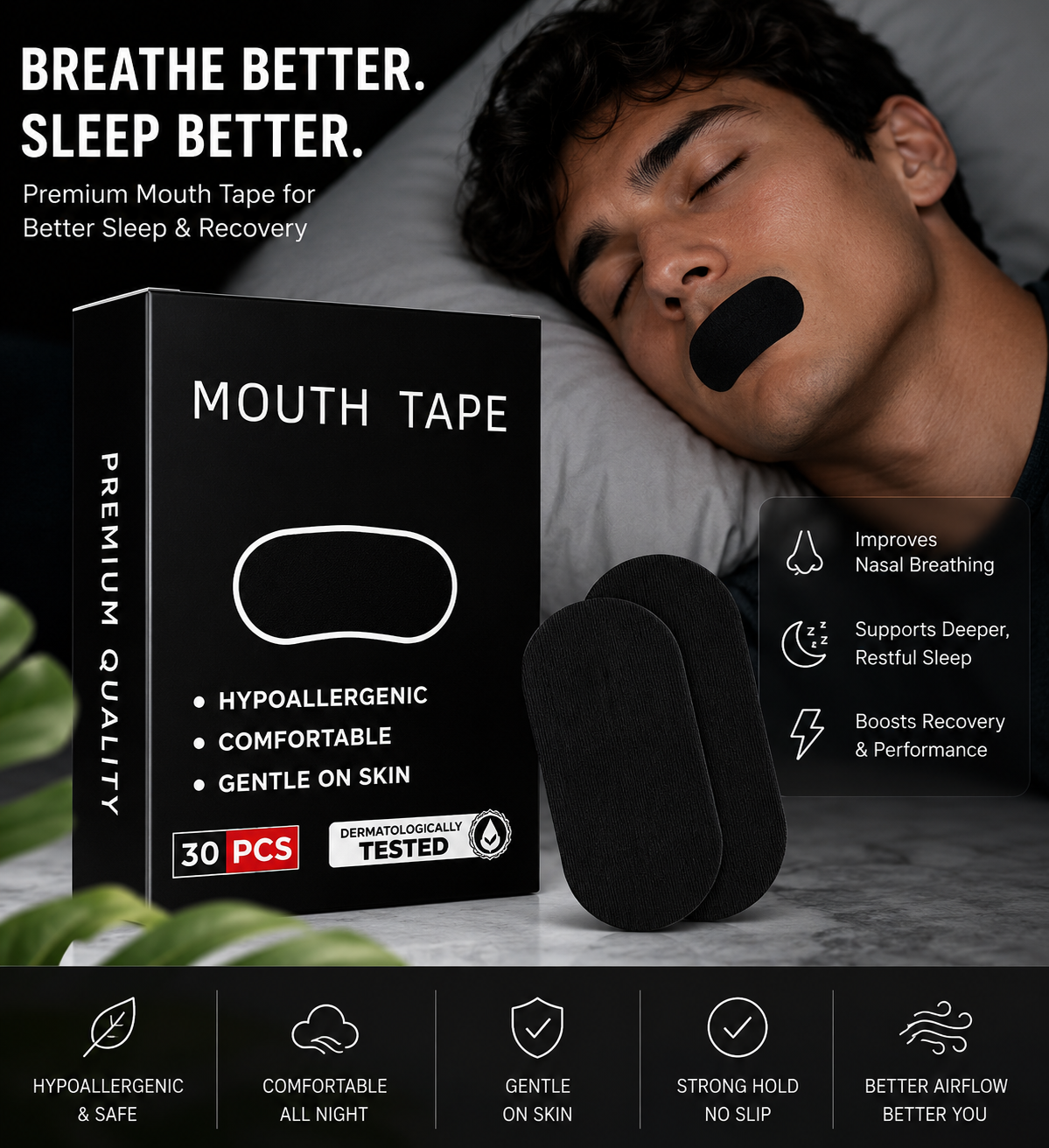 30/60/90Pcs Anti Snoring Sleep Mouth Tape Best Breathing Nasal Strips Medical Grade Improved Sleeping Snoring Relief