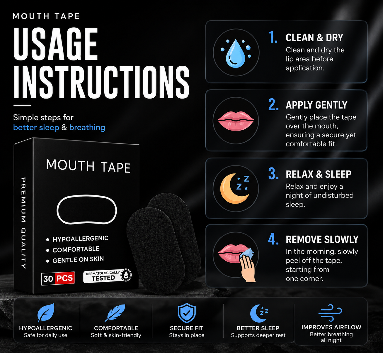 30/60/90Pcs Anti Snoring Sleep Mouth Tape Best Breathing Nasal Strips Medical Grade Improved Sleeping Snoring Relief